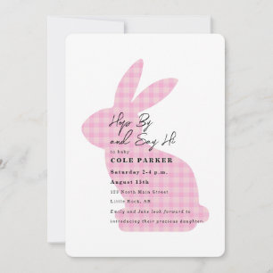 Welcome Baby Pink Gingham Bunny Rabbit Shower Invitation