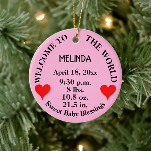 Welcome Baby Pink Rattle Birth Stats  Ceramic Ornament