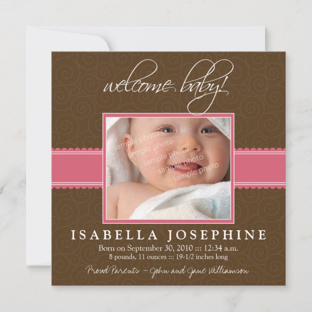 Welcome Baby! Pink Ribbon Birth Announcement (Front)