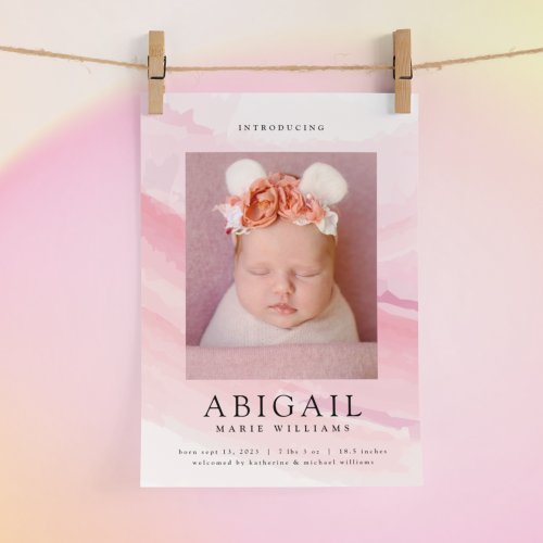 WELCOME BABY  Pink Watercolor Birth Announcement