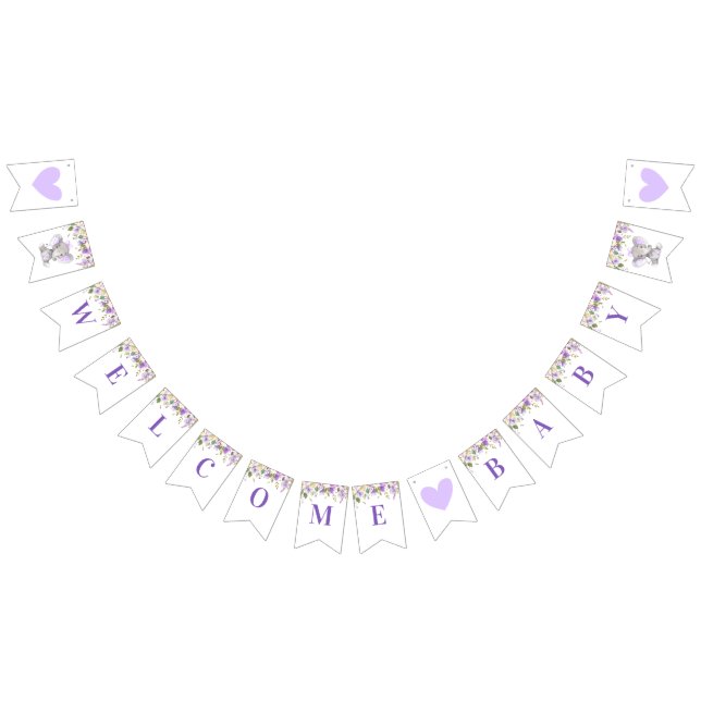 Welcome Baby Purple Elephant Shower Sprinkle Bunting Flags (All)