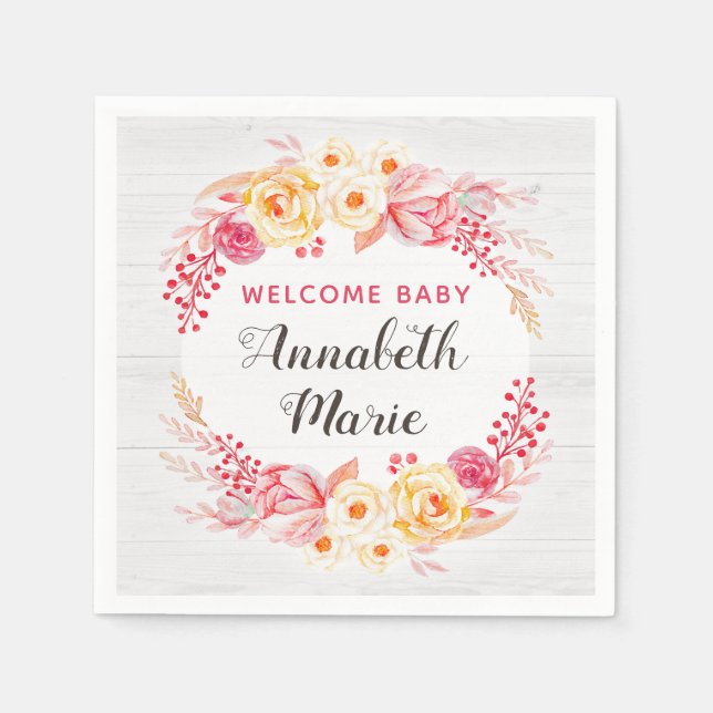 Welcome Baby Shabby Chic Rustic Floral Baby Shower Napkins (Front)