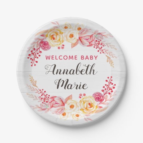 Welcome Baby Shabby Chic Rustic Floral Baby Shower Paper Plates