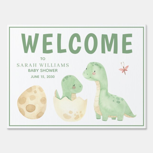 Welcome Baby Shower Dinosaur Green Watercolor  Sign (Front)