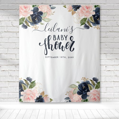 Welcome Baby Shower Navy Pink Floral Backdrop