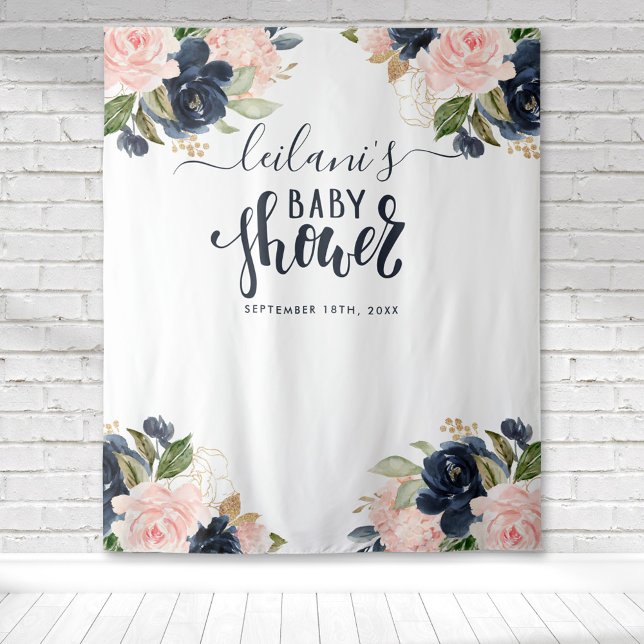 Welcome Baby Shower Navy Pink Floral Backdrop (Blush pink and navy blue floral botanical baby shower typography tapestry perfect for photo ops.)