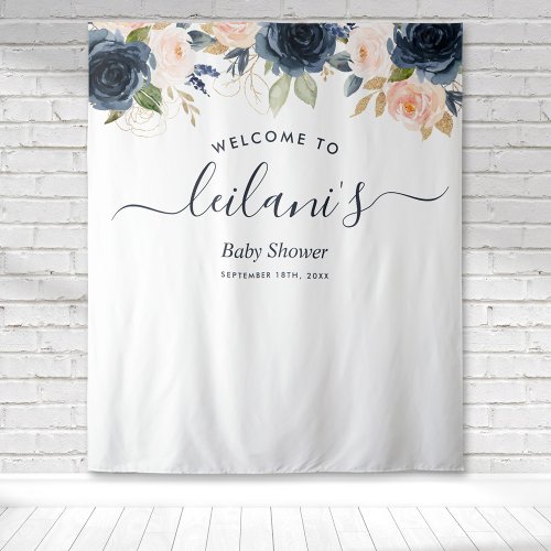 Welcome Baby Shower Navy Pink Floral Botanical Tapestry