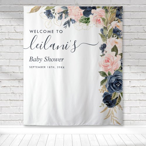 Welcome Baby Shower Navy Pink Floral Cascade Tapestry