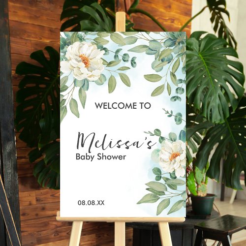 Welcome Baby Shower Sign Eucalyptus White Floral