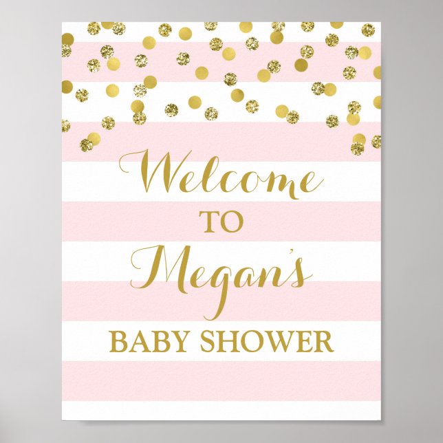 Welcome Baby Shower Sign Pink Stripe Gold Confetti (Front)