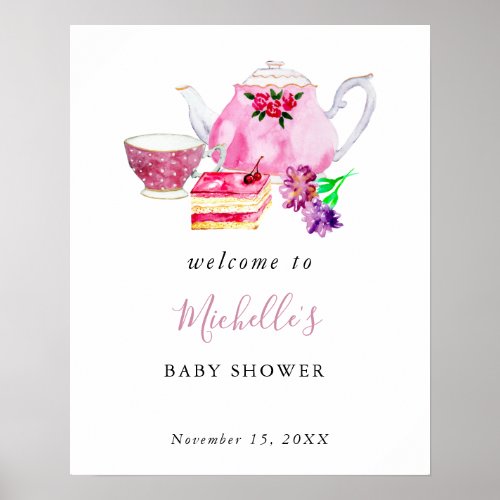 Welcome Baby Shower Tea Party Pink Watercolor Poster