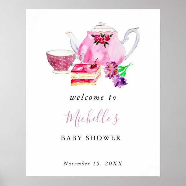 Welcome Baby Shower Tea Party Pink Watercolor Poster (Front)