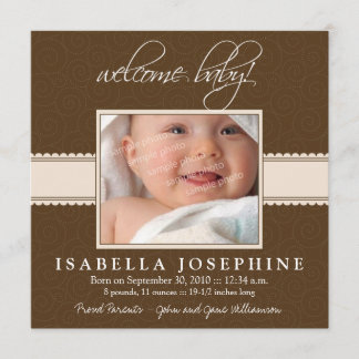 Welcome Baby! Taupe Ribbon Birth Announcement