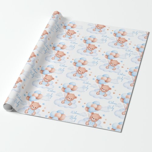 Welcome baby teddy bear on clouds baby shower wrapping paper