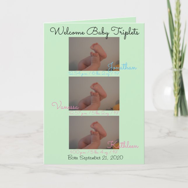 Welcome Baby Triplets Boy Girls Birth Stats PHOTOS Announcement (Front)