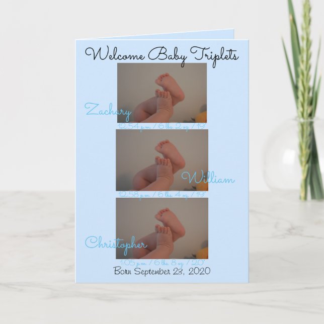 Welcome Baby Triplets Boys Insert PHOTOS Announcement (Front)