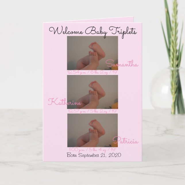 Welcome Baby Triplets Girls Birth Stats Photo Card (Front)