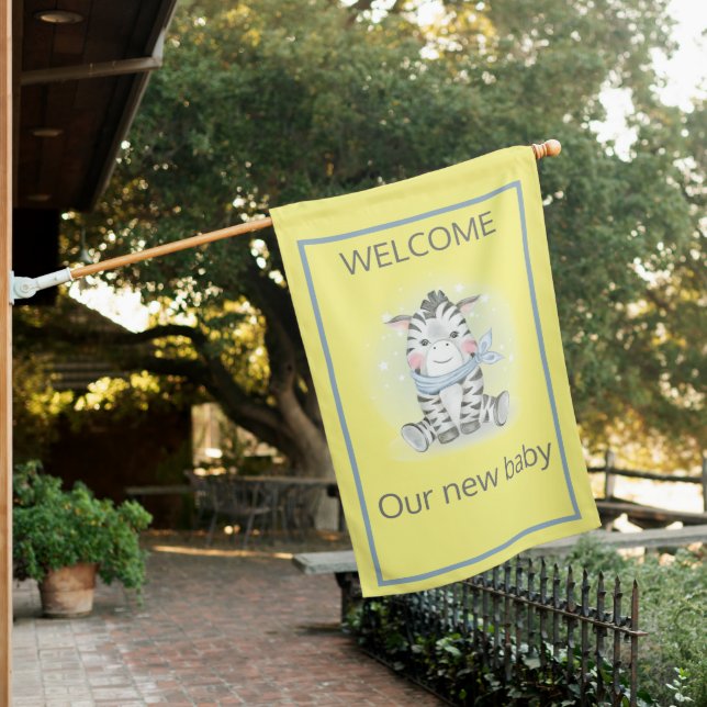 Welcome Baby Whimsical Zebra Yellow House Flag (In SItu)