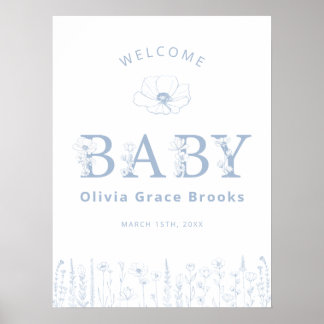 Welcome Baby Wildflower Baby Shower Dusty Blue Poster