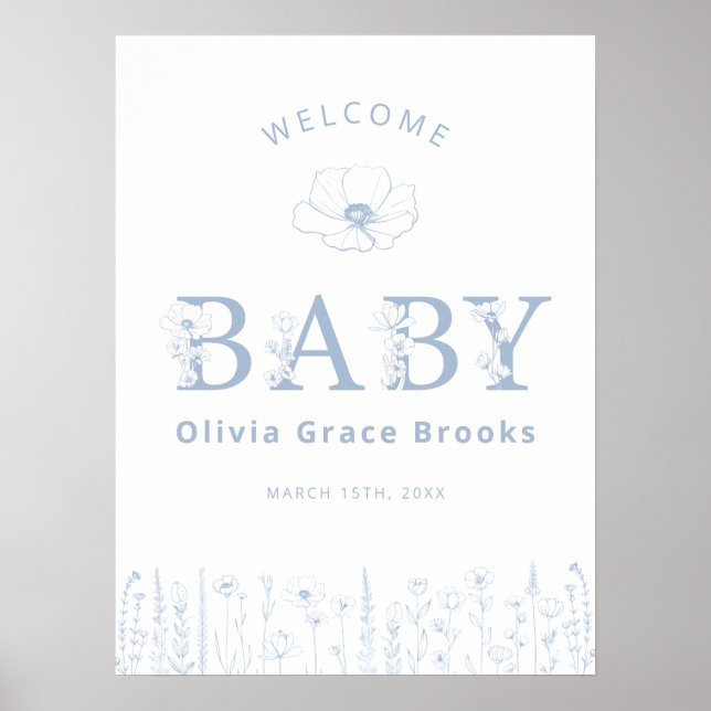 Welcome Baby Wildflower Baby Shower Dusty Blue  Poster (Front)
