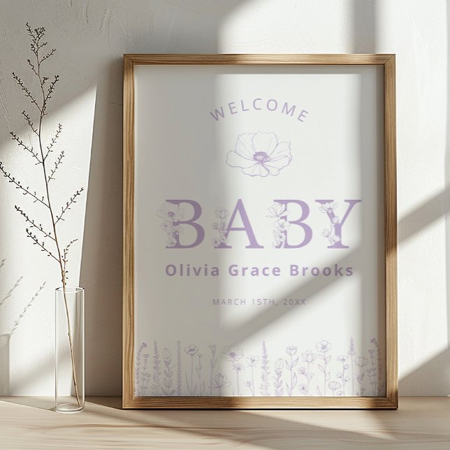 Welcome Baby Wildflower Baby Shower Lavender Poster (Lavender Baby Welcome Sign)