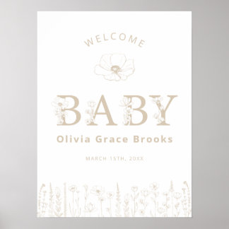 Welcome Baby Wildflower Baby Shower Neutral Taupe Poster