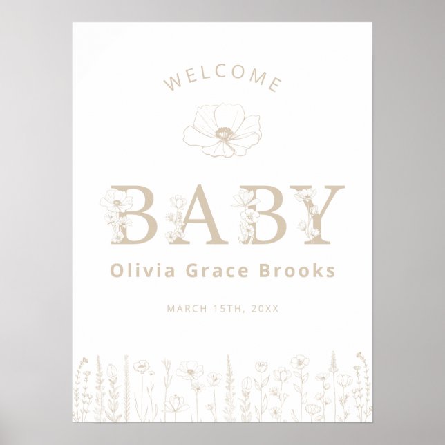 Welcome Baby Wildflower Baby Shower Neutral Taupe Poster (Front)