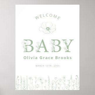 Welcome Baby Wildflower Baby Shower Sage Green Poster