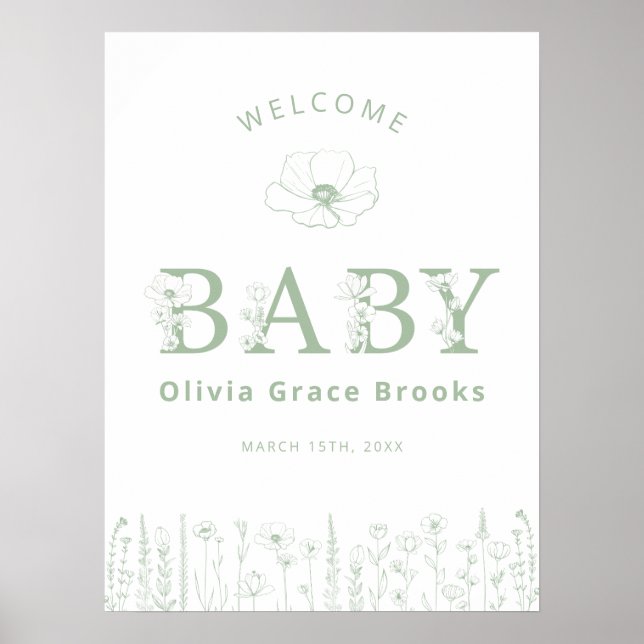 Welcome Baby Wildflower Baby Shower Sage Green Poster (Front)