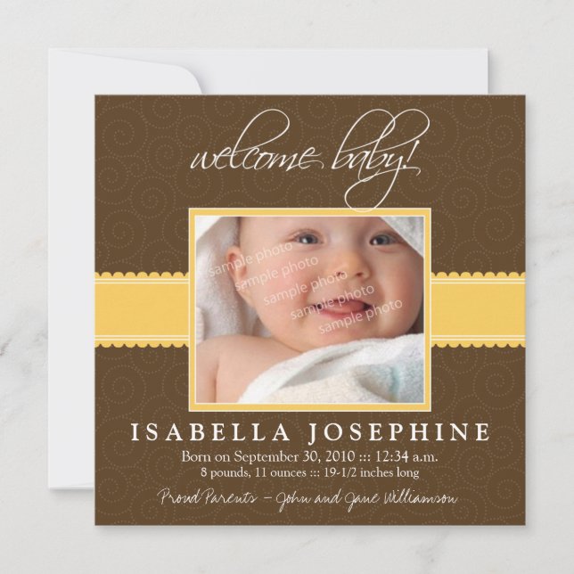 Welcome Baby! Yellow Ribbon Birth Announcement (Front)