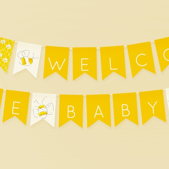 Welcome Baby Yellow Watercolor Bumble Bees Bunting Flags (Baby Bee Baby Shower golden yellow bunting flags.)