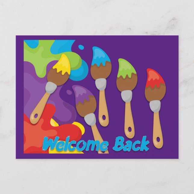 Welcome Back Paintbrushes Primary Colors Custom  Announcement Postcard (Front)