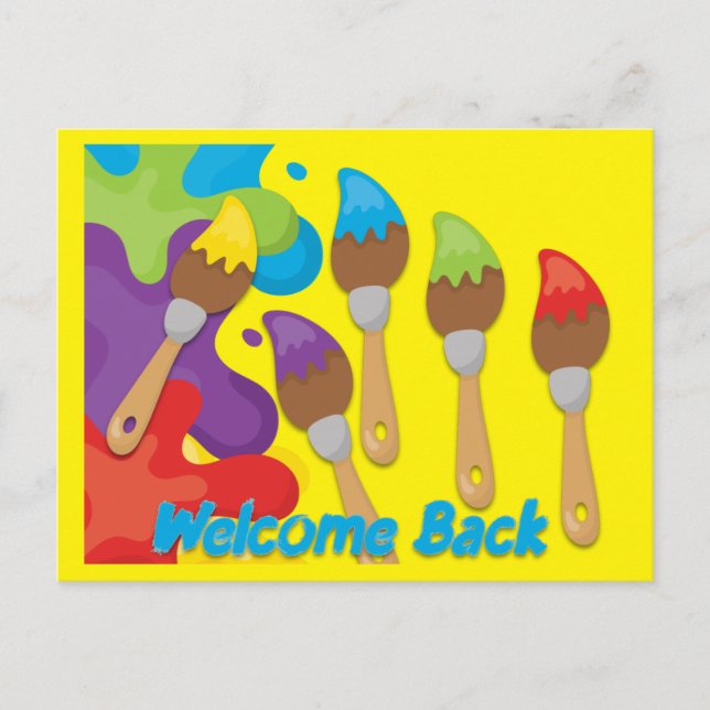 Welcome Back Paintbrushes Primary Colors Custom Postcard (Front)