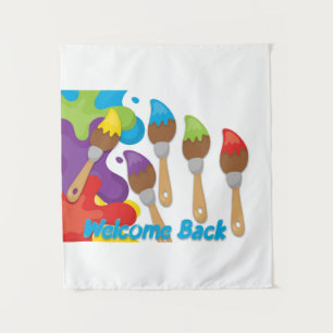 Welcome Back Paintbrushes with Primary Colors Tapestry