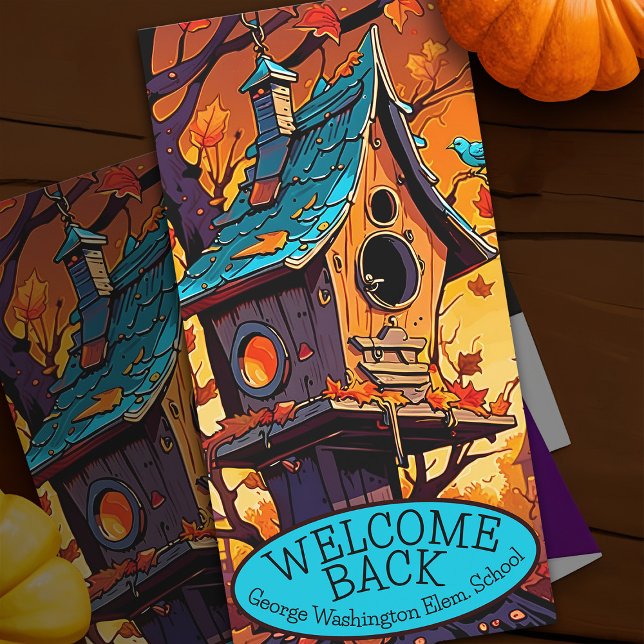 Welcome Back Teachers Fall Birdhouse School House Card (Welcome back to school bird house schoolhouse fall leaves greeting card)