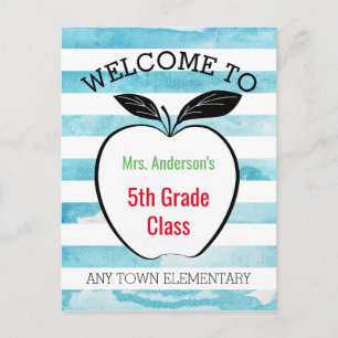 Welcome Back to School, Apple & Watercolor Stripes Postcard