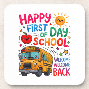 Welcome Back To School Happy First Day Teacher Bus Beverage Coaster