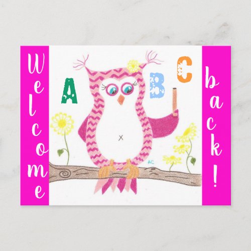 Welcome back to school pink chevron owl postcard