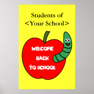 Welcome Back To School Red Apple and Green Worm Poster