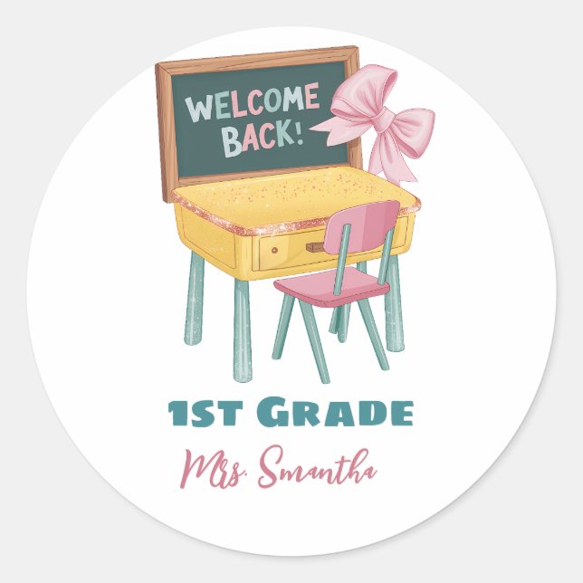 Welcome back to school Teacher name Classic Round Sticker (Front)