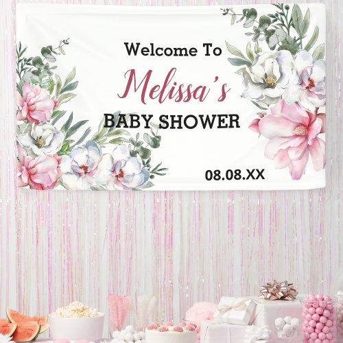 Welcome backdrop banner magnolia pink white floral