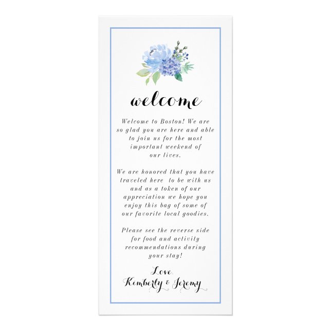 Welcome Bag Notes - Blue Floral Hydrangea Rack Card (Front)