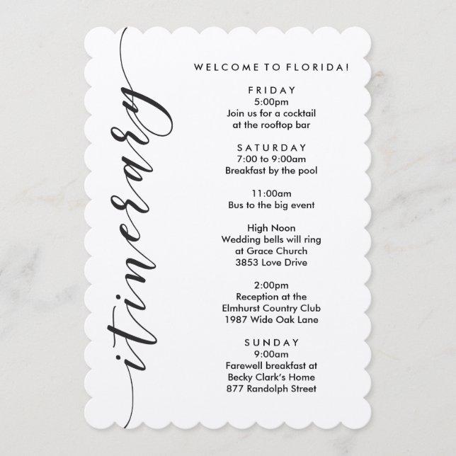 Welcome Bag Wedding Itinerary & Information Card (Front)