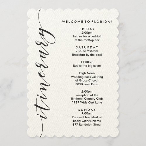 Welcome Bag Wedding Itinerary  Information Card