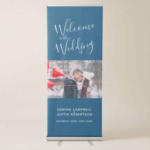 Welcome banner script personalized dark blue photo