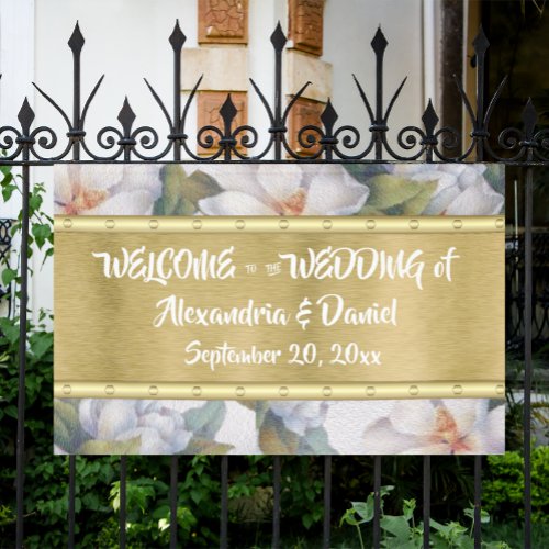 Welcome Banner White Magnolia Gold Banner