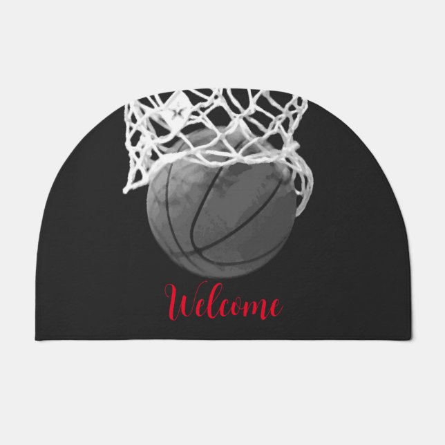 Welcome Basketball Ball & Net Black & White Doormat (Front)