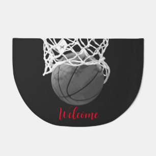 Welcome Basketball Ball & Net Black & White Doormat