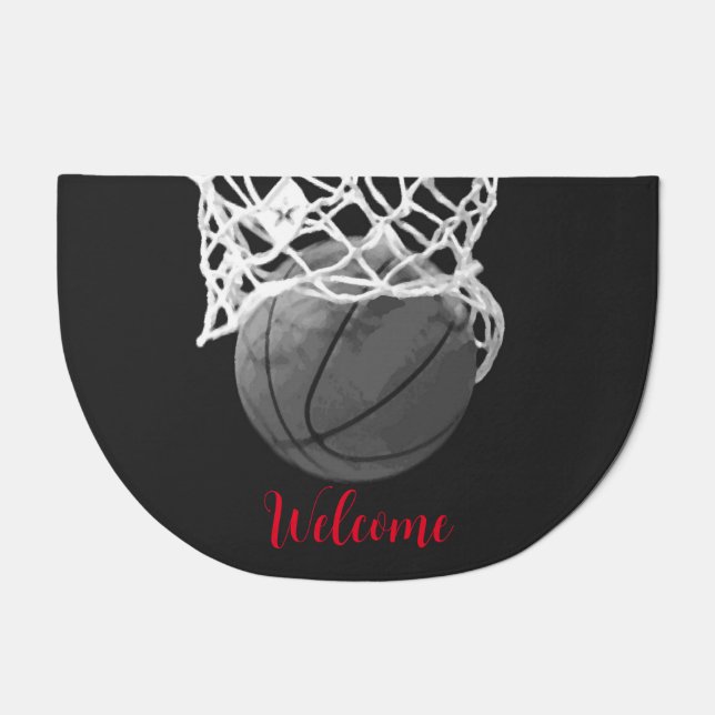 Welcome Basketball Ball & Net Black & White Doormat (Front)