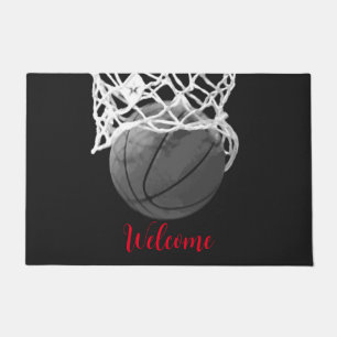 Welcome Basketball Ball & Net Black & White Doormat